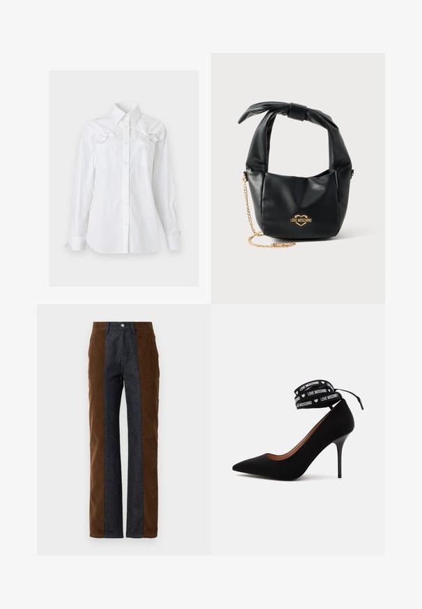 Witte blouse met lange mouwen, knoopsluiting, kraag en twee borstzakken, elk voorzien van een decoratieve strik vlak bij de bovenkant.; Deze corduroy en denim broeken zijn voorzien van verticale paneelindelingen in donkerbruin en marineblauw, hebben een rechte pasvorm en een standaard vijf-pocketontwerp.; Zwarte pumps met hoge hak, puntige neus en enkelriem met de tekst "LOVE MOSCHINO" en kleine witte hartjes.; Zwarte zachte leren Love Moschino handtas met geknoopt handvat en gouden kettingriem op een witte achtergrond.
