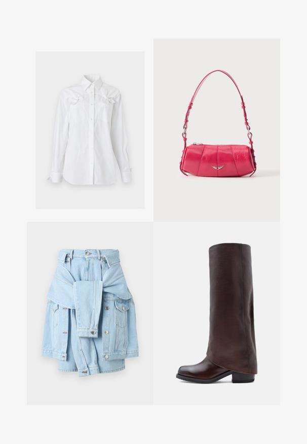 Chemise blanche à manches longues, boutonnée, avec un col et deux poches poitrine, chacune ornée d'un noeud décoratif près du haut.; Jupe en denim bleu clair avec une veste en denim assortie nouée autour de la taille, poches avant, boutons et passants de ceinture visibles.; Bottes en cuir marron foncé, montant jusqu'au genou, avec un petit talon carré et un bout arrondi, présentées en profil latéral sur fond blanc.; Petit sac à bandoulière en cuir rose brillant avec emblème d’aile argenté et bandoulière réglable, fermeture éclair sur le dessus, présenté sur fond blanc.