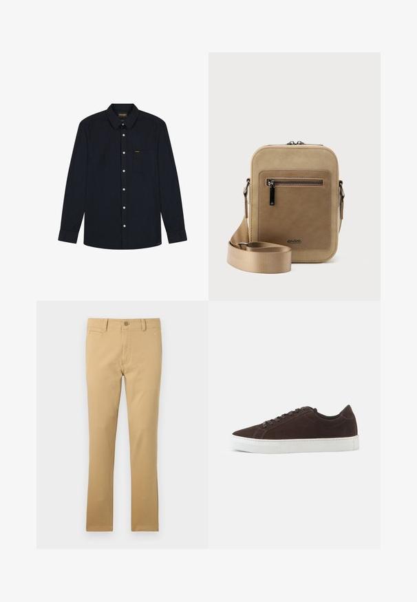 Zwart overhemd met lange mouwen, knopen aan de voorkant, een kraag, een borstzak, witte knopen en het Wrangler-logo op de zak en het label van de kraag.; Khaki broek van katoen, met een rechte pijpdesign, voorzakken, een knoopsluiting en een subtiele stofstructuur.; Donkerbruine suede lage sneaker met bijpassende veters en dikke witte rubberen zool, zijaanzicht op een effen achtergrond.; Kleine beige crossbodytas met een voorvak met ritssluiting, metalen ALDO-logo, verstelbare brede band en afgeronde rechthoekige vorm op een witte achtergrond.