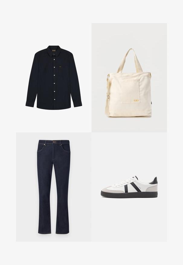 Langærmet sort skjorte med knapper, krave, frontlomme, hvide knapper og Wrangler-logo på lommen og kravelabel.; Mørkeblå denimjeans med lige ben, frontknaplukning, bæltestropper og forlommer på ensartet lys baggrund.; Hvide sneakers med sorte og grå detaljer, med en tekstureret grå tåhætte, sort gummisål og flade hvide snørebånd. Rent design, minimalistisk stil.; Kremfarvet lærredstote-taske med frontlomme, to håndtag, justerbar skulderrem og lille gul "O.N.S" tekst i nederste højre hjørne af lommen.