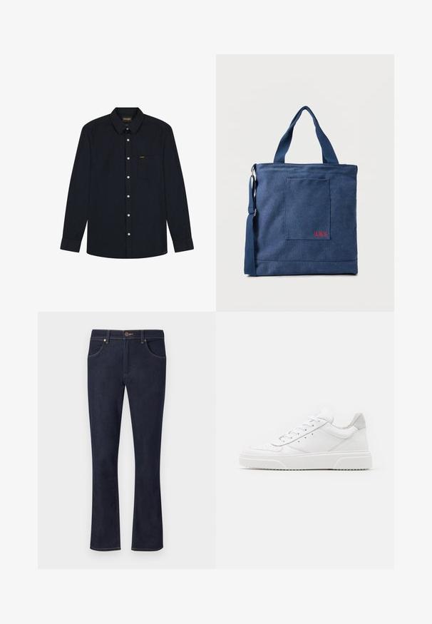 Zwart overhemd met lange mouwen, knopen aan de voorkant, een kraag, een borstzak, witte knopen en het Wrangler-logo op de zak en het label van de kraag.; Donkerblauwe denim jeans met rechte pijpen, knoopsluiting aan de voorkant, riemlussen en voorzakken op een effen lichte achtergrond.; Witte leren sneakers met een gladde afwerking, ronde neus, platte veters en een gestructureerde zool. Grijze suède accent bij de hiel.; Blauwe canvas tas met voorvak en rode "O.N.S" borduring, voorzien van dubbele handvatten en een verstelbare schouderriem.