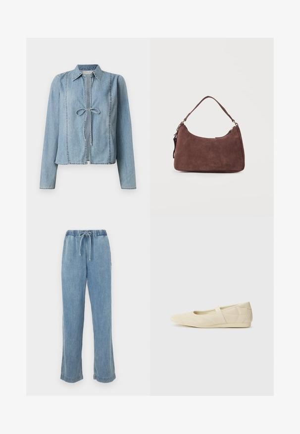 Veste en denim bleu clair à manches longues, avec un lien de fermeture à l'avant et des détails de couture délicats. Dotée d'un col classique et d'une coupe droite.; Pantalon en denim bleu clair avec une taille élastique, un cordon de serrage et des ourlets retroussés. Design à jambes droites avec une coupe décontractée.; Ballerines beiges avec une exterior en cuir lisse, un bout en forme d'amande et une sangle élastique sur le coup de pied, avec des détails de couture subtils.; Sac bandoulière en daim marron avec une anse unique et une fermeture éclair, présenté sur un fond clair uni.