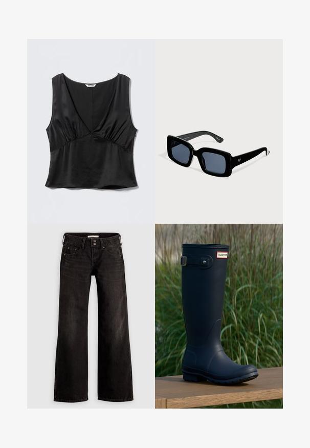 Sort ærmeløs satin crop top med dyb V-hals og samlet sømdetalje under brystet, lagt fladt på lys grå baggrund.; Sorte bukser med vide ben og en let falmet finish, med forlommer, lynlås foran og knaplukning. Fremstillet af denimstof.; Marine gummistøvle med rund tå, tekstureret overflade, justerbar spænde detaljer og Hunter-logo nær toppen. Stabilt sål med mønster.; Sorte solbriller med firkantet stel, mørke linser og en lille logo på stangen, vist på en ensartet lys baggrund.