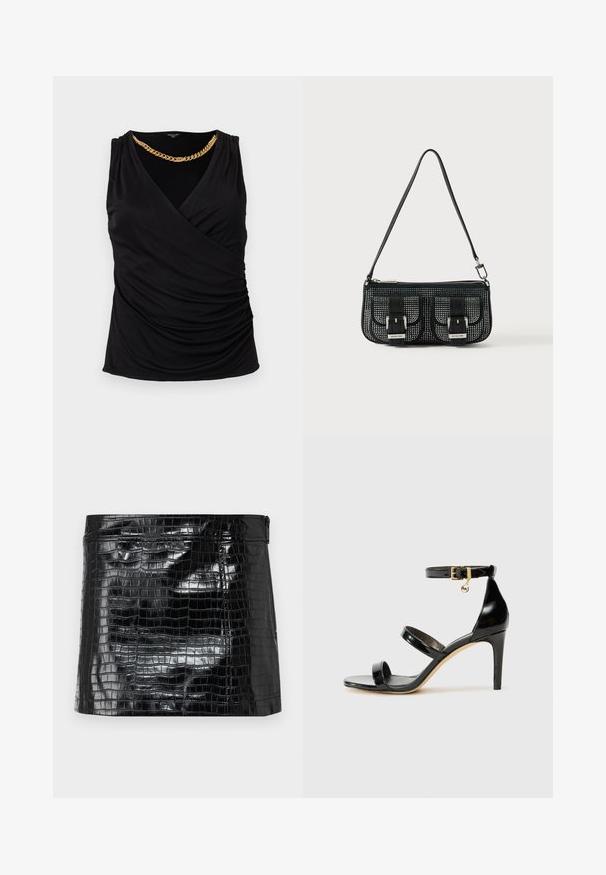 Haut noir sans manches de style portefeuille avec tissu drapé et un collier chaîne épaisse en or attaché au niveau du col.; Pochette noire en vinyle brillant avec un motif crocodile, texture lisse et fermeture éclair sur le dessus. Forme rectangulaire compacte.; Sandale en cuir verni noir avec trois brides, boucle de cheville et talon aiguille de 10 cm. Présente un détail en métal doré et un charm logo.; Sac à main noir structuré avec un design perforé, comprenant deux poches avant avec boucles, des accessoires en argent et une bandoulière amovible.