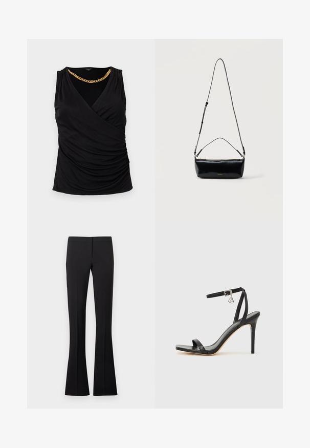 Haut noir sans manches de style portefeuille avec tissu drapé et un collier chaîne épaisse en or attaché au niveau du col.; Pantalon noir évasé avec une texture lisse, doté d'une taille ajustée et sans poches ni ornements visibles.; Sandale à talon haut noire avec une bride étroite à la cheville, bout carré, cuir lisse et accent de boucle métallique.; Sac bandoulière rectangulaire en cuir noir avec bandoulière ajustable, fermeture éclair sur le dessus et petit logo Calvin Klein doré sur le devant.