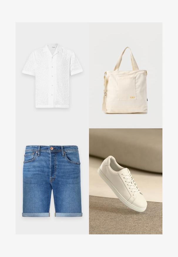 Kurzärmliges weißes Hemd mit einem strukturierten, wellenförmigen Muster, klassischem Kragen und Knopfleiste. Aus leichtem Stoff gefertigt.; Denim-Shorts in einem mittleren Blauton mit umgeschlagenen Säumen, Fünf-Taschen-Design, Messingknopfverschluss und kontrastierenden Nähten.; Weißes Leder Sneaker mit weißen Schnürsenkeln, auf einer beigefarbenen strukturierten Oberfläche präsentiert, und einem sanft verschwommenen Hintergrund.; Beige Canvas-Shopper mit Fronttasche, zwei Griffen, verstellbarem Schulterriemen und kleinem gelbem "O.N.S"-Text unten rechts auf der Tasche.