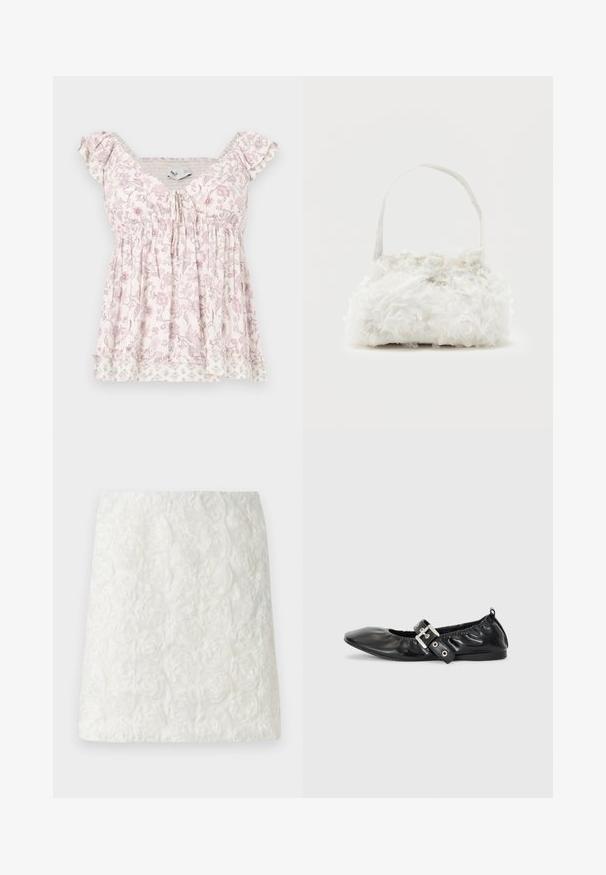 Blusa de manga corta blanca y rosa con estampado floral, busto fruncido, detalles de volantes en los hombros y dobladillo en capas con sutiles patrones de flores.; Mini falda blanca con superficie texturizada y patrones florales en relieve que se asemejan a rosas, hecha de tela ligera.; Zapato plano de piel negra con puntera afilada, detalle fruncido alrededor de la abertura y un acento de hebilla plateada en la correa ajustable.; Pequeño bolso blanco con rosas de tela que cubren su cuerpo y una delgada correa única como asa, sobre un fondo liso.