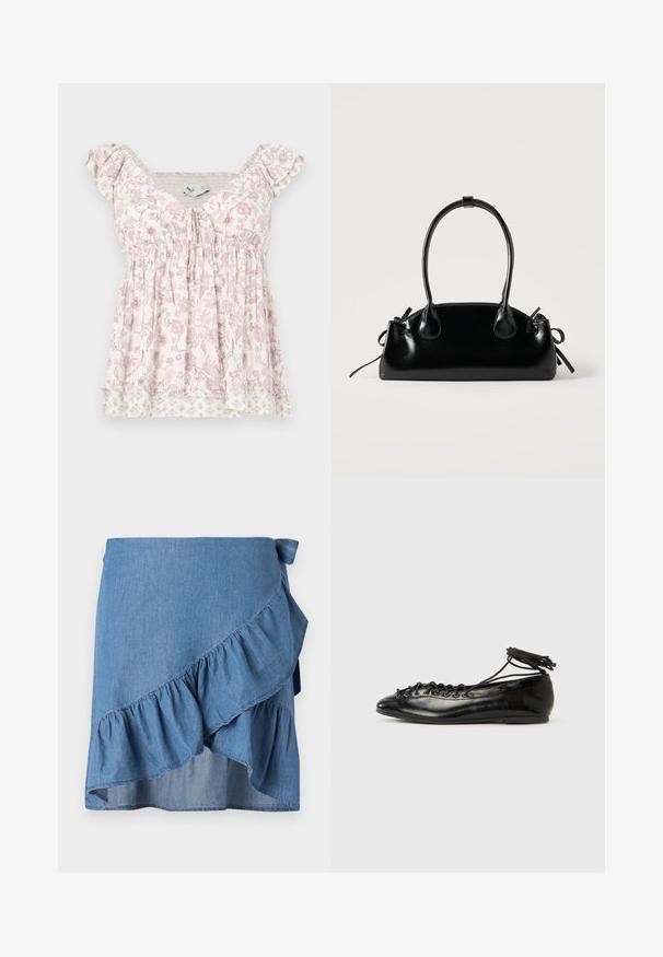 Blouse à manches courtes blanche et rose à motif floral, avec un buste froncé, des détails à volants sur les épaules et un ourlet à plusieurs couches avec des motifs floraux subtils.; Jupe portefeuille en denim bleu clair, avec un ourlet à volants et un détail à nouer à la taille. Texture lisse et silhouette fluide.; Ballerines en cuir verni noir avec un bout rond, un design à lacets et une semelle plate. Texture lisse avec peu de détails.; Petit sac à main noir brillant avec deux longues anses et des détails à cordon sur les côtés sur un fond clair uni.