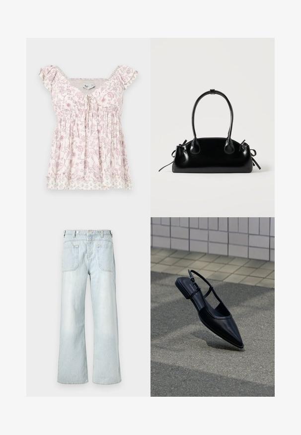 Blusa de manga corta blanca y rosa con estampado floral, busto fruncido, detalles de volantes en los hombros y dobladillo en capas con sutiles patrones de flores.; Jeans de mezclilla de corte amplio en azul claro con una cintura alta, dos bolsillos traseros y un ligero desgastado, con costuras en color amarillo.; Zapato plano negro de punta puntiaguda con tiras traseras flotando sobre una superficie de asfalto junto a una acera con baldosas.; Pequeño bolso negro brillante con dos asas largas y detalles de cordón lateral sobre un fondo claro liso.
