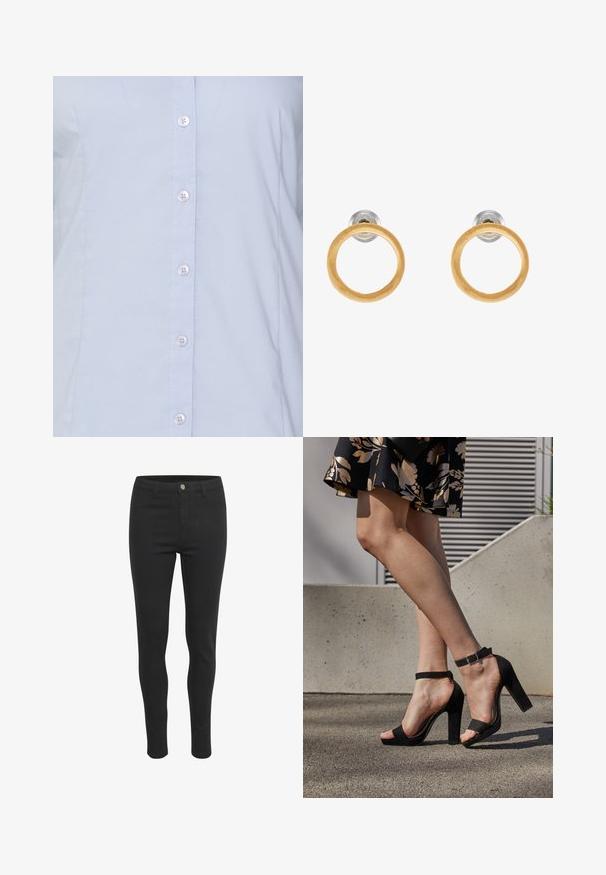 Lichtblauw overhemd met vijf witte knopen en zichtbare stiknaden langs de knopenrij.; Zwarte skinny jeans met een gladde stofstructuur, voorzien van een sluiting met een knoop aan de voorkant, vijf zakken en een aansluitend ontwerp.; Zwarte suède hoge hakken sandalen hebben een enkelband met een gesp, een open teenontwerp en een chunky hak. Glad textuur en minimalistische stijl.; Gouden metalen oorbellen met cirkelvormige houten accenten, met een gladde textuur en een minimalistisch ontwerp. De silhoutte benadrukt eenvoud.