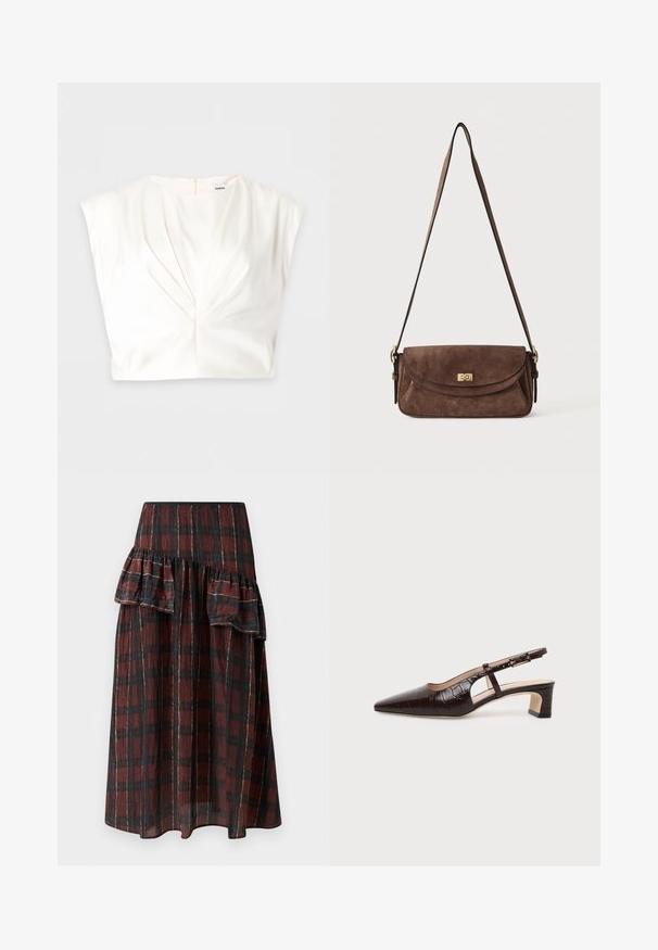 Witte mouwloze blouse met een gedraaide voorkant en een ritssluiting aan de achterzijde, plat gelegd op een effen achtergrond.; Maxi rok in donkerrood en zwart geruit patroon, met gelaagde ruffles bij de taille, gemaakt van lichtgewicht stof met een zachte textuur.; Donkerbruine slingback schoen van krokodillenleer met een puntige neus, lage blokhak en verstelbare gouden gesp.; Bruine suède schoudertas met een lange verstelbare band en een gouden draaisluiting op de voorflap.