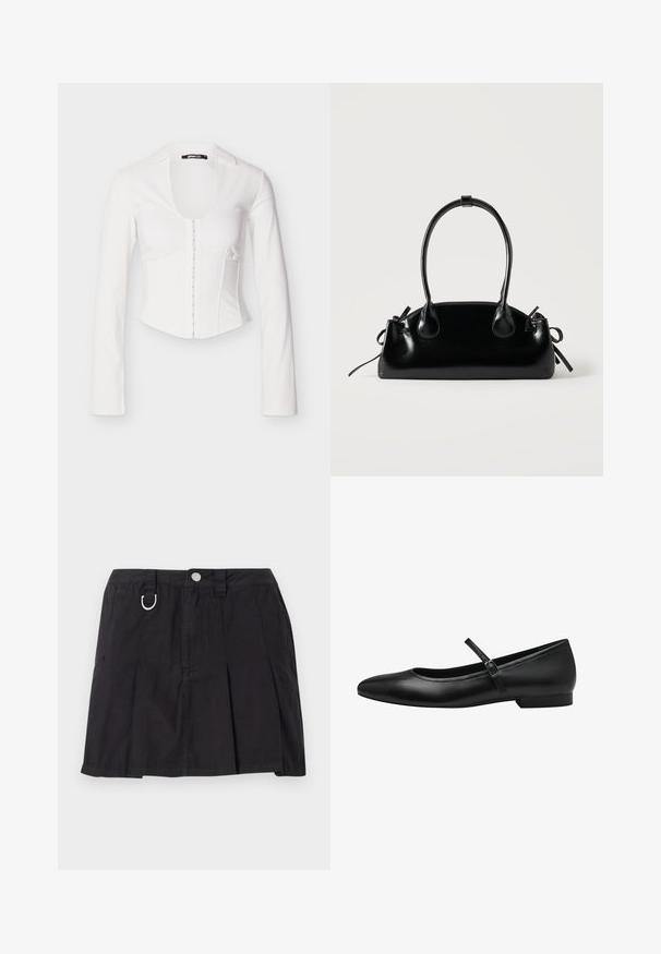Veste chemise blanche cintrée à manches longues, avec un décolleté profond en forme de goutte, des boutons sur le devant, et une coupe structurée du corsage. Texture du tissu lisse.; Jupe plissée noire en coton, avec une fermeture à boutons sur le devant, des passants de ceinture et un accent en D-ring sur la taille.; Ballerines en cuir noir avec un bout rond, une sangle unique sur le coup de pied et un petit talon rectangulaire. Texture lisse.; Petit sac à main noir brillant avec deux longues anses et des détails à cordon sur les côtés sur un fond clair uni.