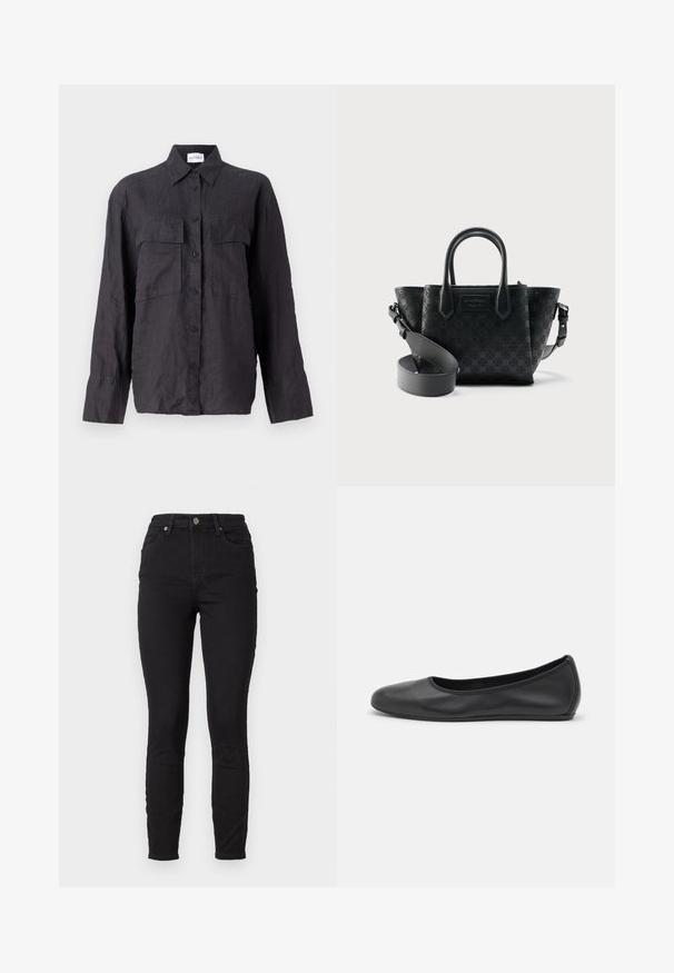 Sort linned skjorte med knaplukning foran, to brystlommer, lange ærmer og klassisk krave. Teksturområde med løstsiddende pasform.; Sorte skinny jeans lavet af denim med høj talje, der har forlommer, knaplukning og subtil stikning på sømmene.; Sort læderballetsko med rund tå, glat tekstur, minimal syning og et fleksibelt såldesign.; Sort mønstret læderhåndtaske med to øverste håndtag og en justerbar skulderrem mod en hvid baggrund.