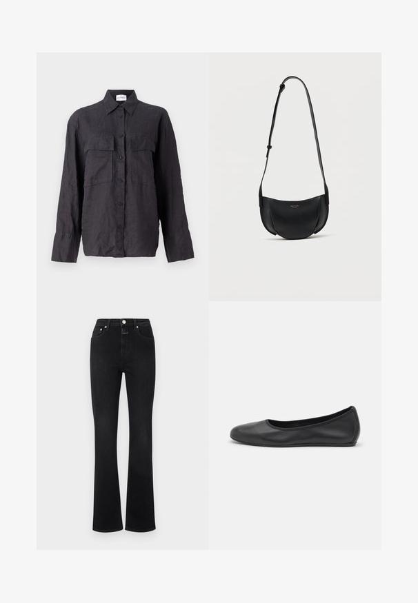 Svart linnen skjorte med knappestolpe foran, to brystlommer, lange ermer og klassisk krage. Strukturert stoff med en avslappet passform.; Svarte flare-jeans laget av denim, med høyt liv, fem lommer, gullfarget hardware og glatt tekstur.; Svart skinnballettflatt med rund tå, glatt tekstur, minimal sømdetalj, og et fleksibelt såledesign.; Sort lærveske i halvmåneform med justerbar rem og liten gulllogo midt foran.