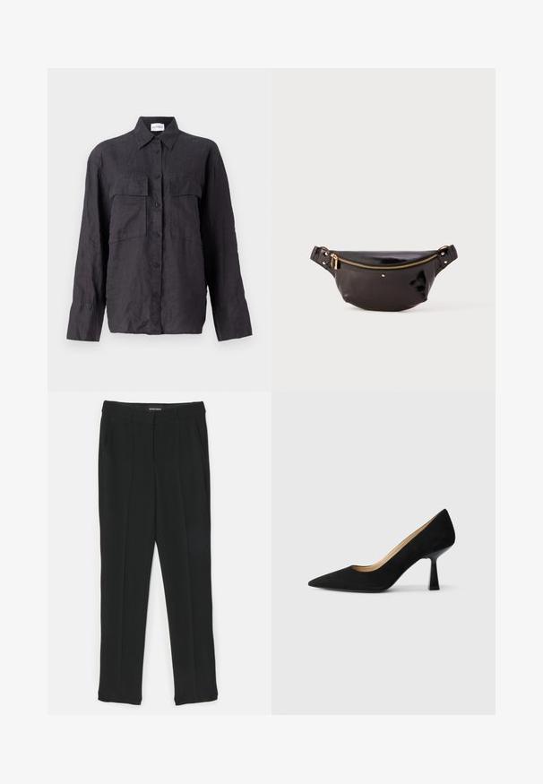 Chemise en lin noir avec un devant boutonné, deux poches sur la poitrine, des manches longues et un col classique. Tissu texturé avec une coupe décontractée.; Pantalon noir au design droit, avec plis, poches latérales et texture lisse. Fabriqué en tissu léger.; Pompe à talons hauts en suède noir avec un bout pointu, dotée d'un talon bloc noir brillant et d'une doublure intérieure lisse.; Fanny pack en cuir noir et brillant avec un design courbé, accent en zip doré, sangle réglable et petit matériel décoratif.