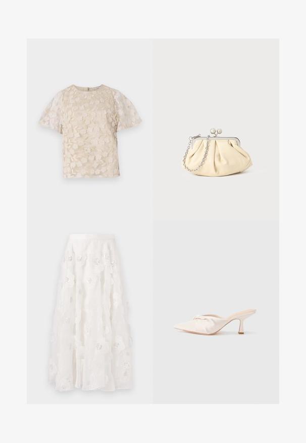 Beige bluse med blomsterbroderi, gennemsigtige puffærmer, rund halsudskæring og lynlåslukning i ryggen. Struktureret blomsterdesign på forpanelet.; Hvid, knælang nederdel med blomsterbroderi og sølvfarvede perler. Letvægts, flydende stof med rynkede lag og en tætsiddende talje.; Mulesko i lyst beige stof med et knyttet design foran, spids tå og en slank, tilspidset hæl. Glat tekstur over det hele.; Plisseret beige læderclutch med en sølvmetalramme, der har to runde dekorative låse og en sølvkædetrasporte.