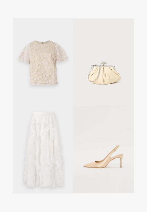 Blouse beige avec broderie florale, manches bouffantes transparentes, encolure ronde et fermeture éclair au dos. Motif floral texturé sur le panneau avant.; Jupe blanche, longueur genou, avec broderies florales et sequins argentés. Tissu léger et fluide avec des couches volantes et une ceinture ajustée.; Escarpin slingback en cuir verni nude avec un bout pointu, un décolleté ouvert et un talon aiguille fin. Comprend un accent doré circulaire sur la sangle.; Pochette en cuir beige plissé avec un cadre en métal argenté, dotée de deux fermoirs ronds décoratifs et d'une chaîne en argent.