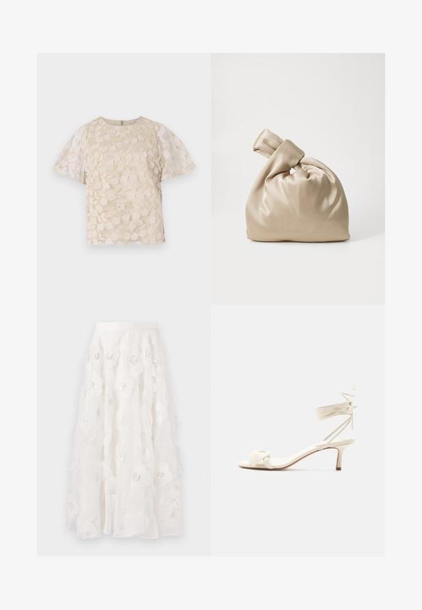 Beige bluse med blomsterbroderi, gennemsigtige puffærmer, rund halsudskæring og lynlåslukning i ryggen. Struktureret blomsterdesign på forpanelet.; Hvid, knælang nederdel med blomsterbroderi og sølvfarvede perler. Letvægts, flydende stof med rynkede lag og en tætsiddende talje.; Kremfarvet sandal med lave hæle, bindebånd om anklen og en bred snoet rem over tæerne på en ensartet hvid baggrund.; Beige satin taske med knyttet top, der har en blød, glat tekstur og en rund form, designet til at være simpel og elegant.