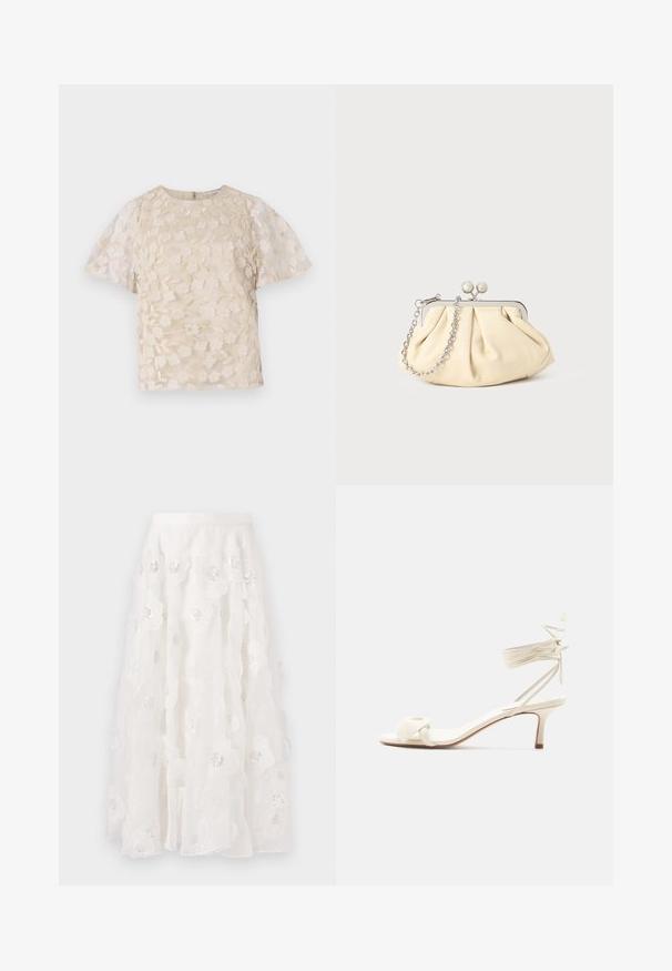 Beige bluse med blomsterbroderi, gennemsigtige puffærmer, rund halsudskæring og lynlåslukning i ryggen. Struktureret blomsterdesign på forpanelet.; Hvid, knælang nederdel med blomsterbroderi og sølvfarvede perler. Letvægts, flydende stof med rynkede lag og en tætsiddende talje.; Kremfarvet sandal med lave hæle, bindebånd om anklen og en bred snoet rem over tæerne på en ensartet hvid baggrund.; Plisseret beige læderclutch med en sølvmetalramme, der har to runde dekorative låse og en sølvkædetrasporte.