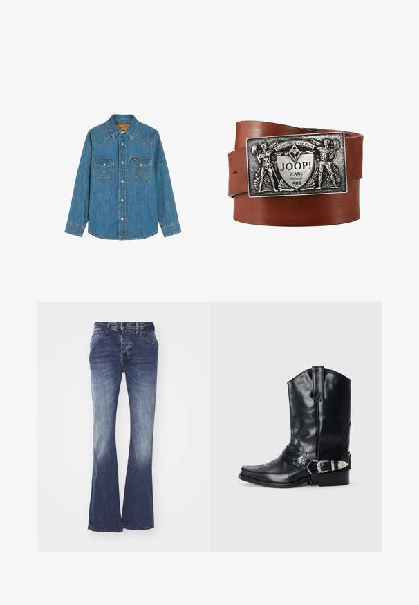 Denim-Langarmhemd mit spitzem Kragen, Druckknöpfen, zwei vorderen Klappentaschen mit gelber Naht und Markenetikett auf der rechten Tasche.; Ausgestellte blaue Jeans aus Denim mit mittelhohem Bund, die von dunkel zu hell verblassen. Sie verfügen über fünf Taschen und einen Knopfverschluss.; Schwarze Ledersporenstiefel mit spitzem Zeh, hohem Schaft, dekorativer Stickerei und silberner Schnallenhardware am Riemen. Strukturiertes Finish.; JOOP! Jeans Gürtel - cognac
