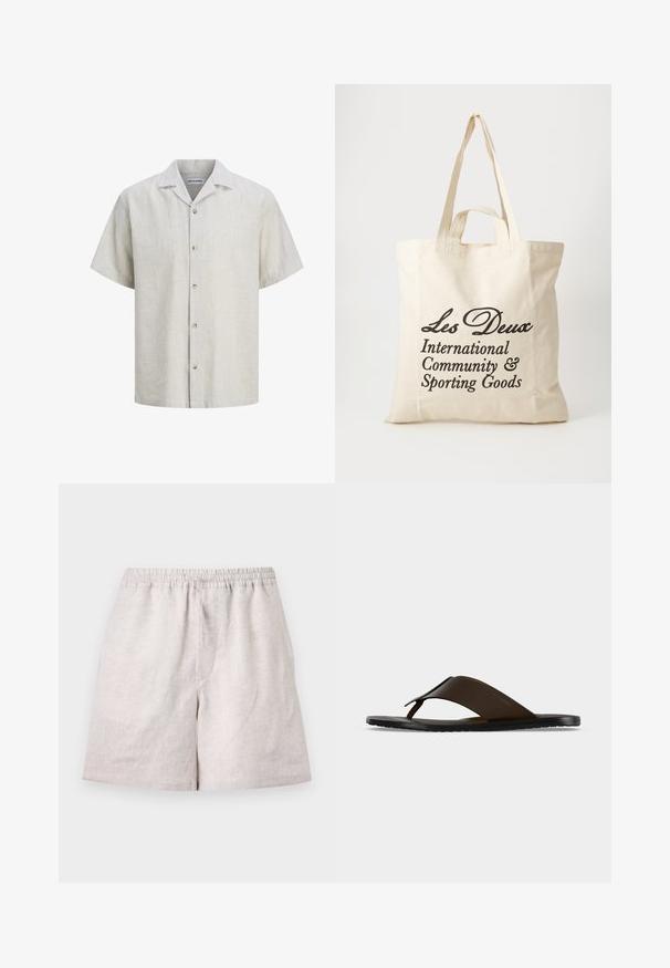 Chemise pour hommes à manches courtes beige et blanche à fines rayures, avec col camp et cinq boutons sur le devant.; Shorts en lin beige clair avec taille élastique et cordon, longueur au genou, disposés à plat sur fond blanc.; Sandale tong en cuir marron foncé avec une large sangle à la cheville et une semelle plate noire, montrée de profil sur fond gris.; Sac tote en coton beige avec deux poignées robustes. Présente un texte imprimé en noir : "Les Deux International Community & Sporting Goods."