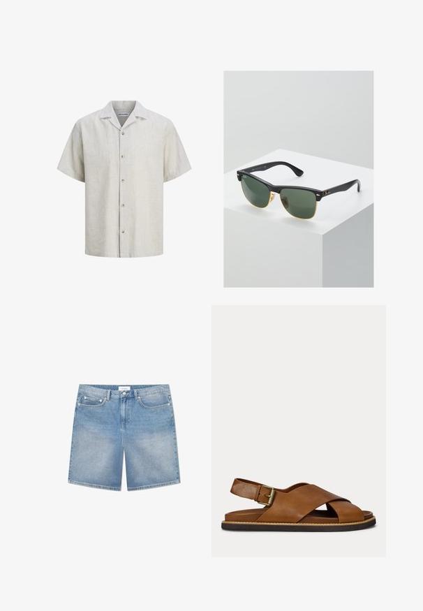 Herren-Hemd mit kurzen Ärmeln, beige-weiß dünn gestreift, mit Knopfleiste, Camp-Kragen und fünf Knöpfen auf der Vorderseite.; Hellblau Damen-Denim-Shorts mit geradem Schnitt, fünf Taschen, subtiler Ausbleichung und einem markierten Bundetikett. Aus Baumwollmaterial mit klassischer Naht.; Braune Ledersandale mit überkreuzten Riemen, verstellbarer Schnalle am hinteren Riemen und schwarzer Sohle mit beigen Steppnähten.; Ray-Ban Sonnenbrillen mit grünen Gläsern, schwarzen Kunststoffrahmen und goldenen Akzenten an den Rändern. Quadratische Form mit matter Oberfläche.