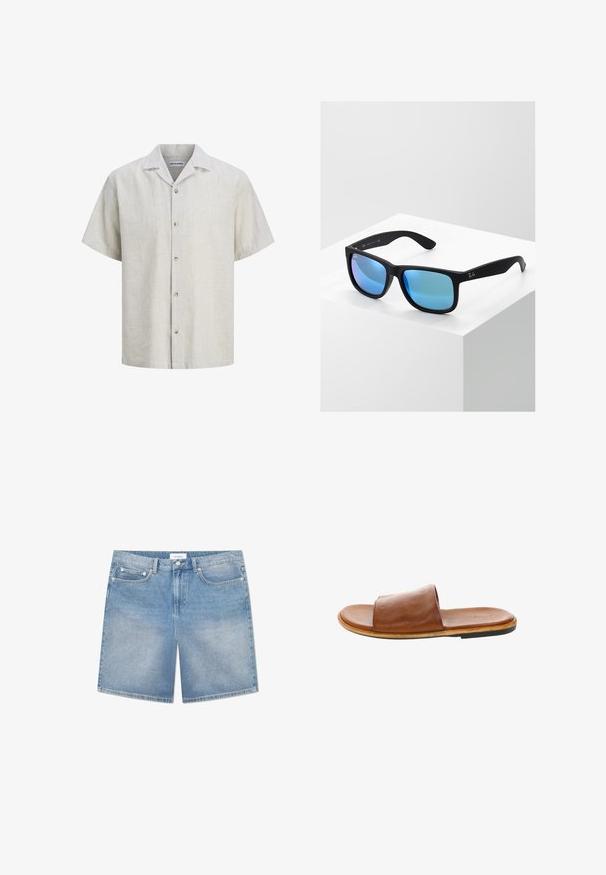 Camisa de hombre de manga corta, beige con finas rayas blancas, con botones al frente, cuello campestre y cinco botones.; Pantalones cortos de mezclilla azul claro con un corte recto, cinco bolsillos, un ligero desgastado y una etiqueta de marca en la cinturilla. Material de algodón con costuras clásicas.; Sandalia deslizante de cuero marrón con una correa ancha y curvada y una suela plana. Parte superior texturizada y plantilla de color canela con una suela exterior de color claro.; Gafas de sol rectangulares negras con lentes espejados azules. Presentan un acabado mate y el logo de Ray-Ban en las patillas.