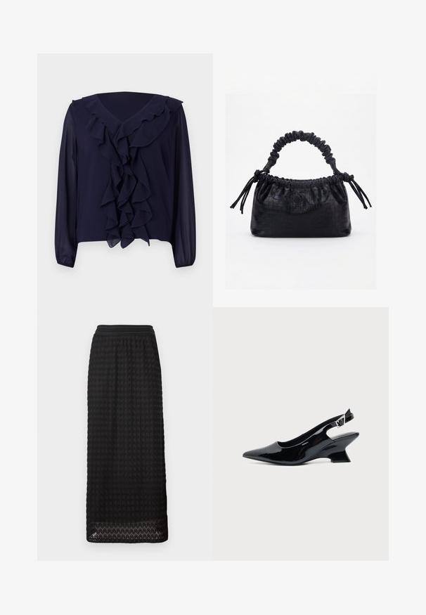 Marinebluse med lange ærmer, rynket front og halsudskæring, lavet af letvægtsstof, med en v-halsdesign og skjult kant.; Sort midi-nederdel med et struktureret, honningkage mønster og et bredt elastisk taljebånd. Nederkanten har bølget detaljer for en ekstra design-effekt.; Sort laklæder slingback sko med spids tå og lav vinklet blokhæl på ensartet lys baggrund.; Sort taske med krokodilletekstur, rynket øverste kant, samlet hank og snore med kvaster på hver side mod en hvid baggrund.