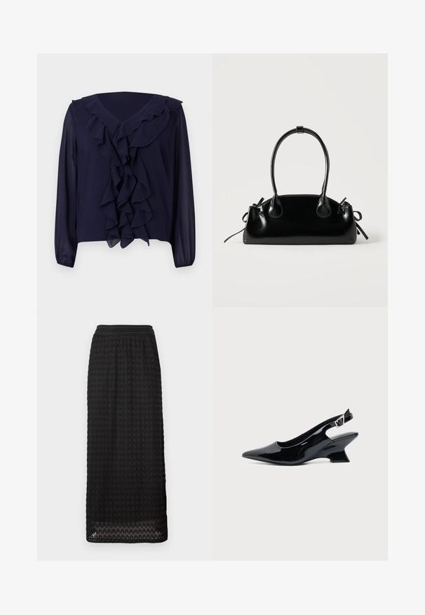 Blusa de marina con mangas largas, frente y escote con volantes, hecha de una tela ligera, con un diseño de escote en forma de V y dobladillo oculto.; Falda midi negra con un patrón texturizado tipo panal y una cinta elástica ancha en la cintura. El dobladillo presenta un diseño con detalles en forma de onda para mayor atractivo.; Zapato slingback de cuero charol negro con puntera puntiaguda y tacón bajo en bloque inclinado sobre fondo claro liso.; Pequeño bolso negro brillante con dos asas largas y detalles de cordón lateral sobre un fondo claro liso.