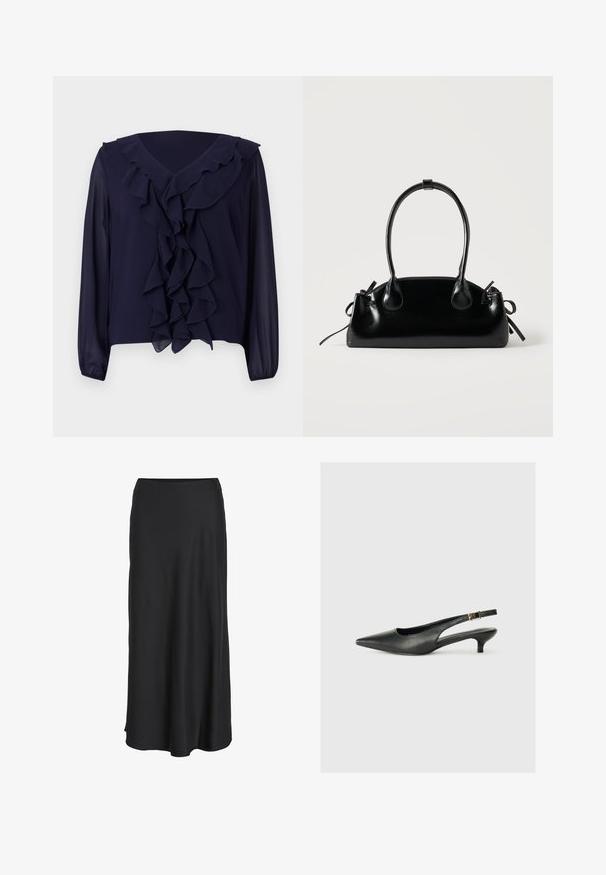 Marinebluse med lange ærmer, rynket front og halsudskæring, lavet af letvægtsstof, med en v-halsdesign og skjult kant.; Sort maxinederdel lavet af glat, letvægtsstof. Har en enkel A-formet silhuet med en let udvidet kant og ingen synlige lukninger.; Sorte spidse slingback-sko lavet af glat læder. Har en tynd hæl og en spænde detalje på den justerbare rem.; Lille sort blank håndtaske med to lange håndtag og snøre-detaljer i siden på en ensfarvet lys baggrund.
