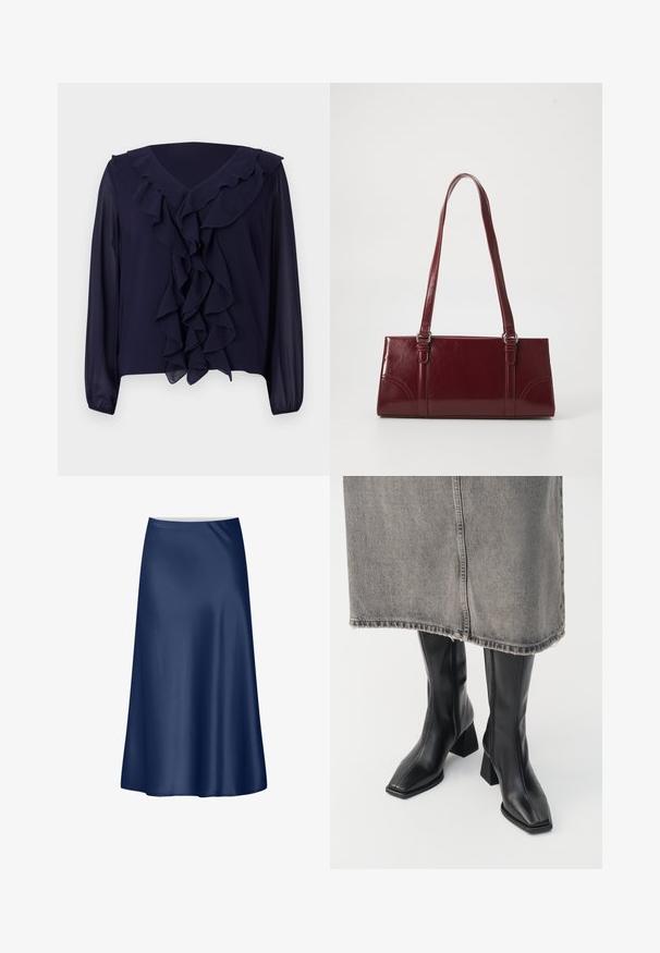 Blusa de marina con mangas largas, frente y escote con volantes, hecha de una tela ligera, con un diseño de escote en forma de V y dobladillo oculto.; Falda A-line de satén en Navy con una textura suave, un diseño fluido y un corte de longitud media. Presenta una cinturilla limpia sin acentos adicionales.; Botas negras hasta la rodilla de cuero liso con punta cuadrada y tacón cuadrado. Llevadas con una falda de mezclilla gris con dobladillo desflecado.; Bolso burdeos hecho de material brillante, de forma rectangular, con dos asas para el hombro y sutiles acentos curvados en la parte frontal.