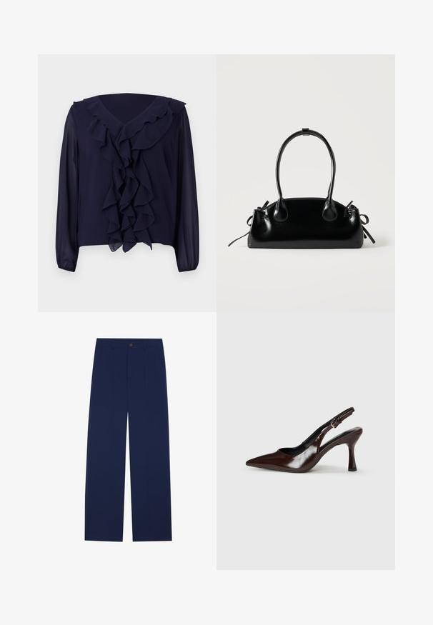 Blusa de marina con mangas largas, frente y escote con volantes, hecha de una tela ligera, con un diseño de escote en forma de V y dobladillo oculto.; Pantalones de pierna ancha en azul marino, fabricados en una tela suave, con bolsillos frontales, cierre de botón y un diseño ajustado con pliegues.; Zapatos de tacón slingback de charol marrón con punta afilada, tacón delgado y correa ajustable con una pequeña hebilla.; Pequeño bolso negro brillante con dos asas largas y detalles de cordón lateral sobre un fondo claro liso.