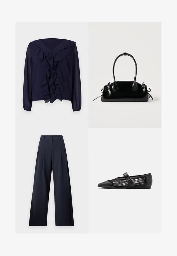 Blouse navy avec manches longues, devant et encolure à volants, fabriquée en tissu léger, avec un design en v et un ourlet dissimulé.; Pantalons larges navy avec une texture lisse, présentant des plis avant et une taille classique, conçu pour un ajustement décontracté.; Chaussure plate noire avec un bout pointu, panneaux latéraux en maille et une sangle avec une boucle décorative. Fini lisse sur les sections du bout et du talon.; Petit sac à main noir brillant avec deux longues anses et des détails à cordon sur les côtés sur un fond clair uni.