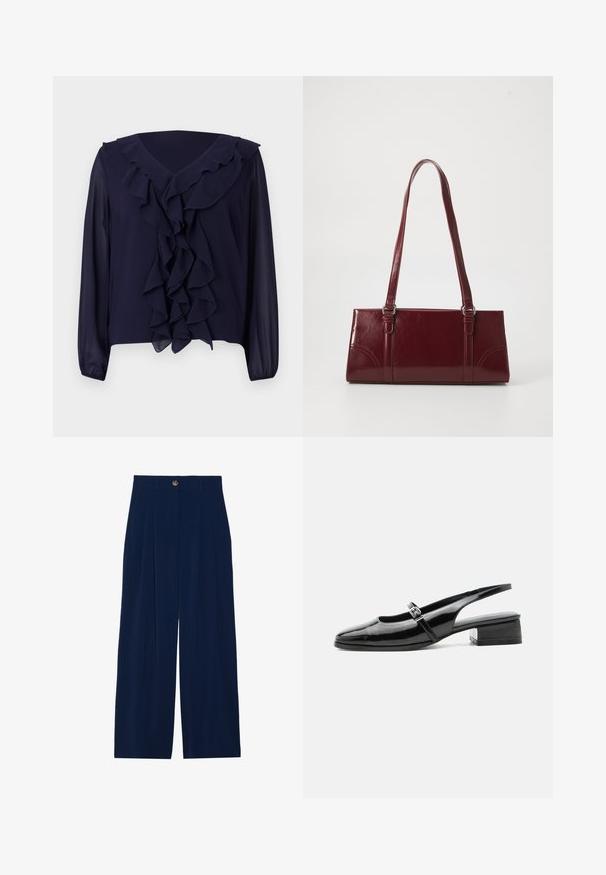 Marinebluse med lange ærmer, rynket front og halsudskæring, lavet af letvægtsstof, med en v-halsdesign og skjult kant.; Marineblå brede bukser lavet af blødt materiale, med fortilæg, knaplukning og to sidelommer.; Sort laklæderslingback-sko med lav blokhæl og tynd rem med sølvspænde over toppen.; Bordeaux håndtaske lavet af glansfuldt materiale, rektangulær form, med to skulderremme og subtile buede detaljer på forsiden.
