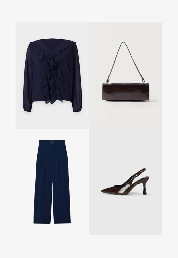 Blouse navy avec manches longues, devant et encolure à volants, fabriquée en tissu léger, avec un design en v et un ourlet dissimulé.; Pantalons larges bleu marine en matériau doux, avec des plis avant, une fermeture à bouton et deux poches latérales.; Talons slingback en cuir verni brun avec un bout pointu, un talon fin, et une sangle réglable avec une petite boucle.; Sac à main rectangulaire en cuir noir avec une longue bandoulière unique et une finition brillante, présenté sur un fond blanc uni.