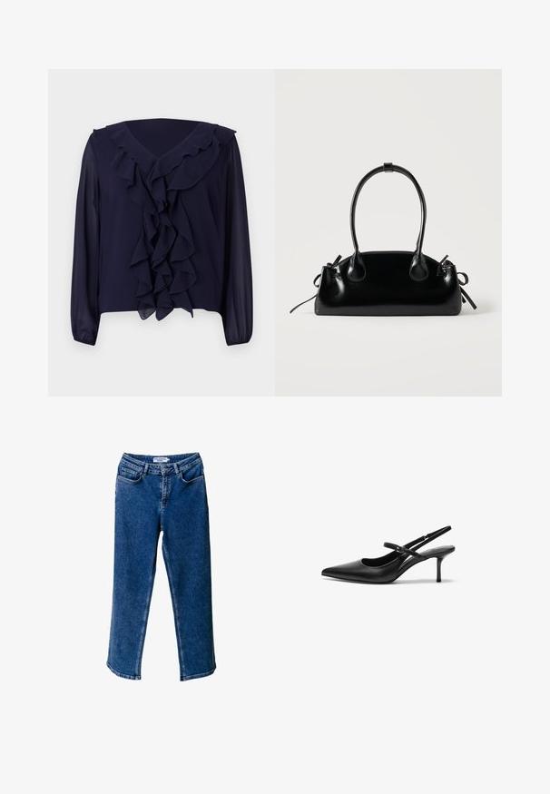 Blusa de marina con mangas largas, frente y escote con volantes, hecha de una tela ligera, con un diseño de escote en forma de V y dobladillo oculto.; Pantalones vaqueros de mezclilla de pierna ancha en azul, con cintura alta, que cuentan con bolsillos frontales, costuras en contraste y un ajuste relajado.; Zapatos de tacón slingback de cuero negro con punta afilada, correa ajustable delgada y un tacón de aguja de aproximadamente 5 cm, textura suave.; Pequeño bolso negro brillante con dos asas largas y detalles de cordón lateral sobre un fondo claro liso.
