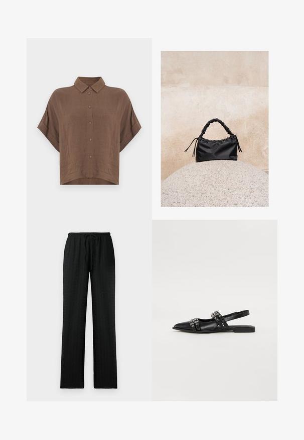 Camisa marrón de manga corta hecha de tela ligera, con cuello clásico y cierre frontal de botones, con dobladillo cropped y ajuste relajado.; Pantalones de pierna ancha, texturizados y de color negro, con una cintura elástica y cordón ajustable; diseñados para comodidad y un ajuste relajado.; Even&Odd by Zalando Bailarinas con tira trasera - black; Bolso negro fruncido con asa recogida, apoyado sobre una esfera de piedra texturizada frente a una pared de hormigón beige.