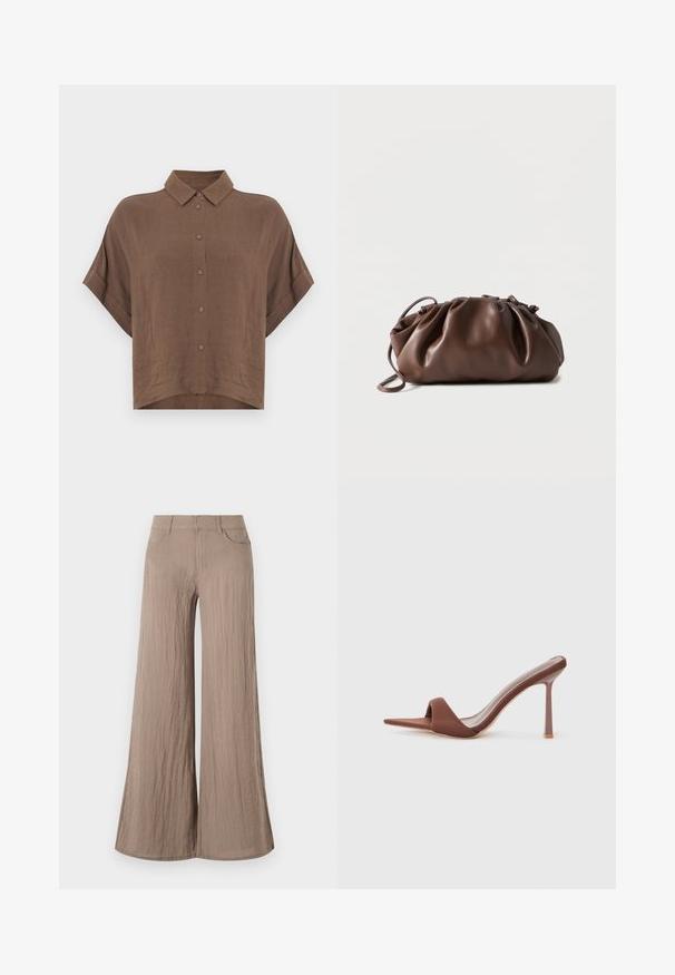 Chemise marron à manches courtes en tissu léger, avec un col classique et une fermeture boutonnée devant, ourlet raccourci et coupe décontractée.; Pantalon large beige clair avec une finition texturée, présentant une taille haute, des poches avant et une silhouette fluide et ample.; Sandales à talons marron avec un bout pointu, fabriquées en tissu lisse. Présentent un design minimaliste avec un haut talon aiguille et un dos ouvert.; Sacoche en cuir marron doux avec un haut froncé et une fine bandoulière, posée sur un fond blanc.