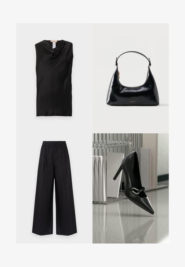 Haut noir sans manches avec col bénitier, confectionné dans un tissu lisse, présentant un léger éclat et sans attaches ni ornements visibles.; Pantalon large noir en tissu lisse, avec une taille élastique et sans poches visibles ni détails en métal.; Chaussure à talon haut noire pointue avec une bride à boucle argentée, placée sur une surface réfléchissante près d’un organiseur métallique contenant des papiers.; Sac à main Calvin Klein noir brillant avec fermeture éclair dorée et anse courte sur fond blanc uni.