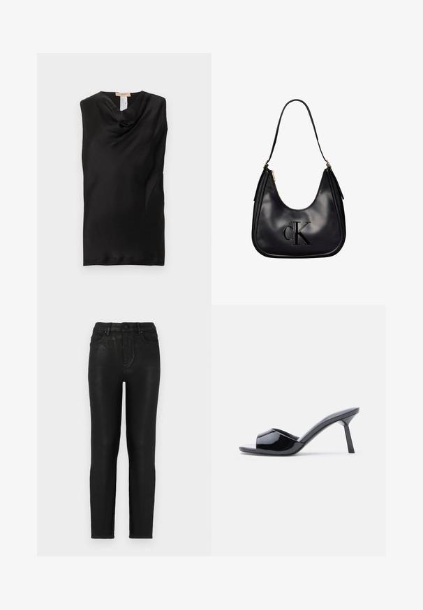 Schwarzes ärmelloses Oberteil mit Wasserfallausschnitt, aus glattem Stoff gefertigt, mit dezentem Glanz und ohne sichtbare Verschlüsse oder Verzierungen.; Schwarze Denim-Jeans im Slim-Fit mit hoher Taille, klassischem Fünf-Taschen-Design und subtiler glänzender Textur. Standardmäßiger Knopfverschluss vorne.; Schwarze Sandalen mit Absatz aus Lackleder, offenem Zehenbereich, mit geschwungenem Obermaterial und spitz zulaufendem Stilettoabsatz. Glatte, glänzende Oberfläche.; Schwarze Lederschultertasche mit goldenem Reißverschluss, ausgestattet mit erhabenem "cK"-Logo auf der Vorderseite und einem einzelnen Trageriemen.