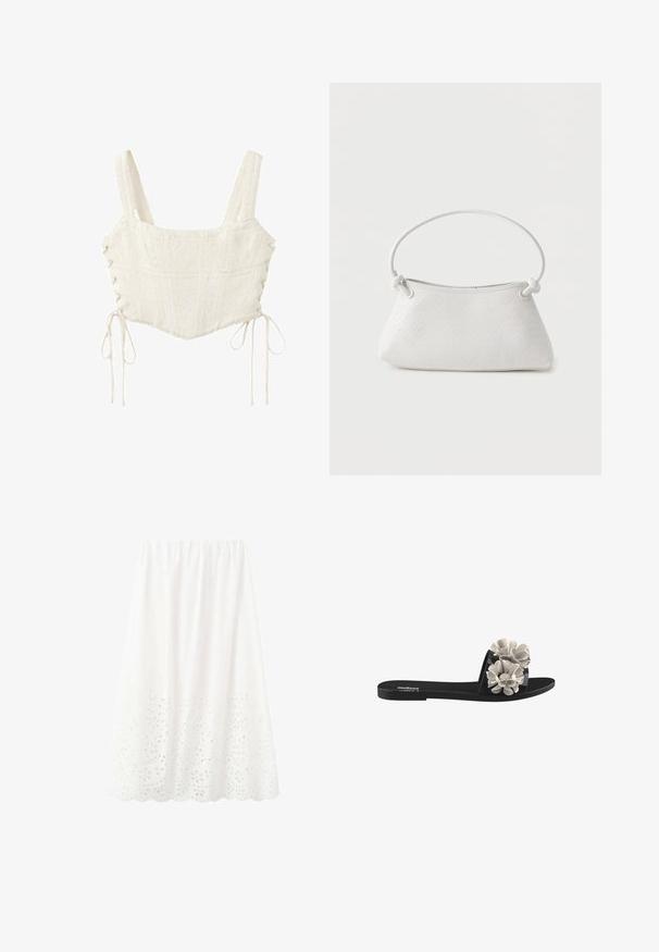 Camiseta corta de encaje blanco con tirantes anchos y laterales con cordones atados con lazos en la parte inferior.; Falda midi blanca con cinturilla elástica y bordado floral con ojales a lo largo del dobladillo festoneado.; Sandalia negra de plataforma con tres apliques florales texturizados en blanco en la parte superior. El diseño tiene una suela plana y punta abierta.; Bolso de mano de cuero blanco tejido con asa redondeada y extremos de la correa anudados, exhibido sobre un fondo liso.