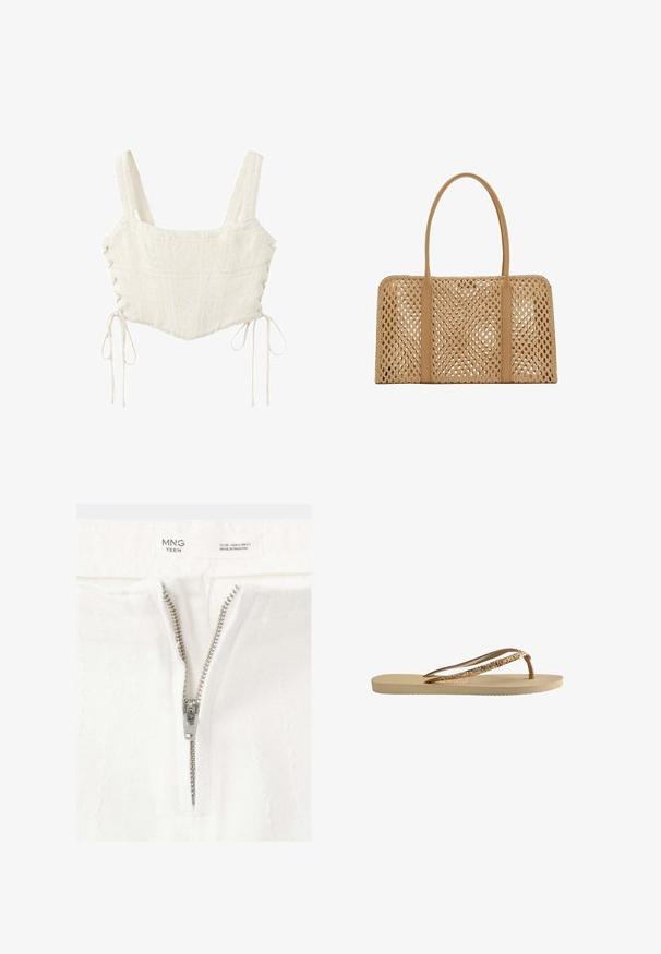 Camiseta corta de encaje blanco con tirantes anchos y laterales con cordones atados con lazos en la parte inferior.; Primer plano de una prenda blanca con una cremallera plateada parcialmente abierta y una etiqueta que muestra la talla EU 38, USA 4, fabricada en Pakistán.; Chanclas con una suela texturizada beige, finas tiras marrones y acentos de purpurina dorada. Diseño ligero adecuado para uso casual.; Bolso rectangular tejido color cuero claro con dos asas largas y lisas y un patrón de celosía abierta en todo el cuerpo del bolso.