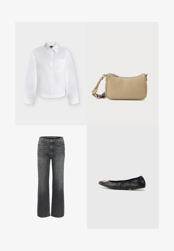 Weißes langärmliges Hemd mit Knopfleiste, spitzem Kragen und Brusttasche, auf schlichtem hellem Hintergrund präsentiert.; Weite Jeans aus dunkelgrauem Denim mit klassischem Fünf-Taschen-Design, genähten Details und einem Knopfverschluss an der Taille.; Schwarze Leder-Ballettschuhe mit runder Spitze, ausgestattet mit einem goldenen Hardwareakzent an der Spitze, glatter Textur und flexibler Sohle.; Beige Leder-Umhängetasche mit strukturierter Oberfläche, Reißverschluss und verstellbarem Riemen. Verziert mit einem Logoakzent nahe dem oberen Rand.