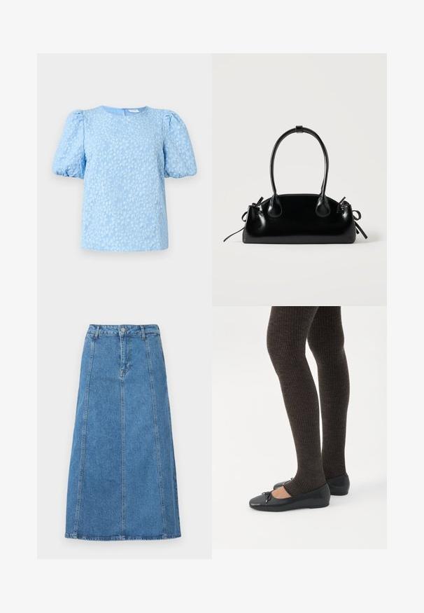 Lyseblå kortærmet bluse med et struktureret blomstermønster, rund halsudskæring og voluminøse puffærmer. Lynlås i ryggen.; Denim midi-nederdel i lyseblå med lige skæring, frontknaplukning, fem bæltesløjfer og to sidelommer.; Ben iført mørke ribbede leggings kombineret med sorte balletsko med små sløjfedetaljer på hvid baggrund.; Lille sort blank håndtaske med to lange håndtag og snøre-detaljer i siden på en ensfarvet lys baggrund.