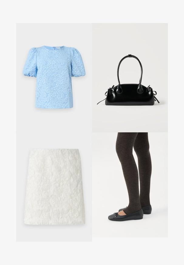 Blouse à manches courtes bleu clair avec un motif de broderie florale texturée, col rond et manches bouffantes volumineuses. Fermeture à glissière au dos.; Jupe mini blanche avec une surface texturée ornée de motifs floraux en relief ressemblant à des roses, fabriquée en tissu léger.; Jambes portant des leggings côtelés foncés associés à des ballerines noires avec de petits détails en nœud sur fond blanc.; Petit sac à main noir brillant avec deux longues anses et des détails à cordon sur les côtés sur un fond clair uni.