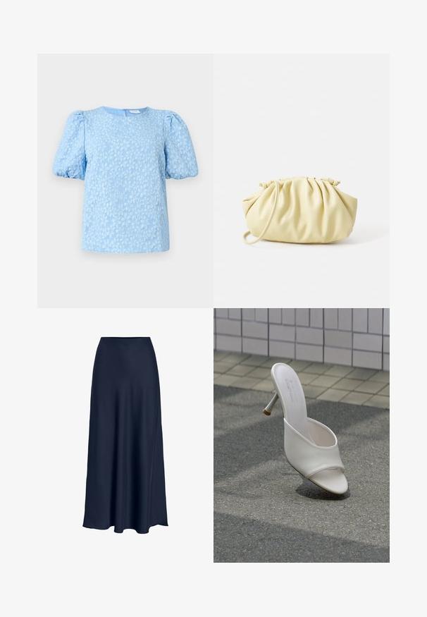 Lyseblå kortærmet bluse med et struktureret blomstermønster, rund halsudskæring og voluminøse puffærmer. Lynlås i ryggen.; Marineblå satin maxiskirt med en glat tekstur, høj talje og flydende silhuet. Slutter med en let kurve ved kanten.; Hvid højhælet mule-sko med åben tå, svævende over gråt asfalt- og flisevæg baggrund.; Gul plisseret håndtaske lavet af glat kunstlæder, med en blød form, en enkelt skulderrem og samlet topdesign.