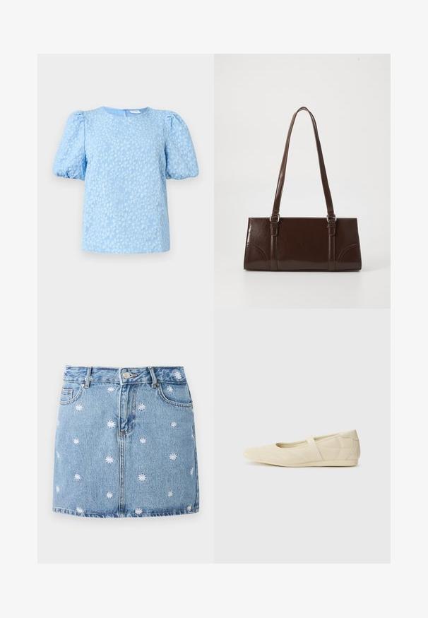 Helles blaues kurzärmliges Blusenshirt mit einem texturierten floralen Stickmuster, Rundhalsauschnitt und voluminösen Puffärmeln. Reißverschluss auf der Rückseite.; Hellblauer Jeansrock mit weißen bestickten Blumenmotiven, fünf Taschen und Knopfverschluss, im geraden, mini-langen Schnitt.; Beige Ballerinas aus glattem Leder mit mandelförmiger Zehenpartie und elastischem Riemen über dem Fußrücken, ausgestattet mit dezenten Nähtelementen.; Braune Lackleder-Handtasche in rechteckiger Form, mit zwei langen Griffen und subtilen, geschwungenen Akzenten auf der Vorderseite.