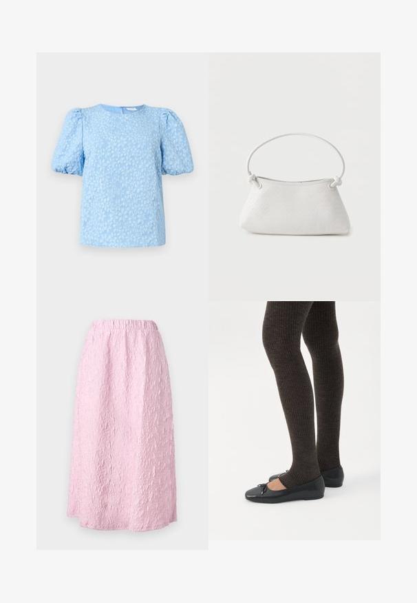 Lyseblå kortærmet bluse med et struktureret blomstermønster, rund halsudskæring og voluminøse puffærmer. Lynlås i ryggen.; Lys rosa, knælang nederdel med en tekstureret, krøllet design. Elastisk talje for komfort og nem påklædning. Ingen synlig lukning.; Ben iført mørke ribbede leggings kombineret med sorte balletsko med små sløjfedetaljer på hvid baggrund.; Hvid fletlæderhåndtaske med afrundet håndtag og ender på remmen, der er knyttet, vist mod en ensfarvet baggrund.