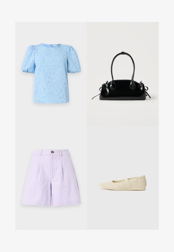 Blusa de manga corta azul claro con un patrón de bordado floral texturizado, escote redondo y mangas abullonadas voluminosas. Cierre de cremallera en la parte posterior.; Pantalones cortos lila de tela ligera con un frente plisado, cierre de botón, trabillas para cinturón y bolsillos laterales. Bordes limpios y diseño clásico.; Bailarinas beige con un exterior de cuero liso, punta en forma de almendra y una correa elástica en el empeine, con detalles de costura sutiles.; Pequeño bolso negro brillante con dos asas largas y detalles de cordón lateral sobre un fondo claro liso.