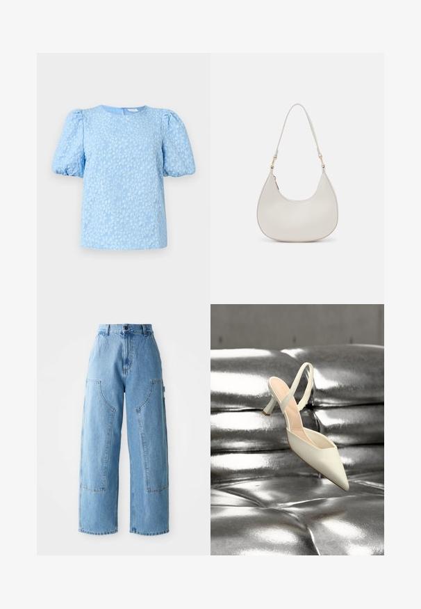 Lyseblå kortærmet bluse med et struktureret blomstermønster, rund halsudskæring og voluminøse puffærmer. Lynlås i ryggen.; Lysblå højtaljede brede denim bukser med store frontlomme og synlige stikninger på en hvid baggrund.; Enkelt hvid spids slingback højhælet sko liggende på en skinnende, metallisk sølv tuftet overflade.; Cremefarvet læder skuldertaske med en halvmåneform, tynd rem og diskrete syninger. Minimalistisk design med hardware-accenter i guldton.
